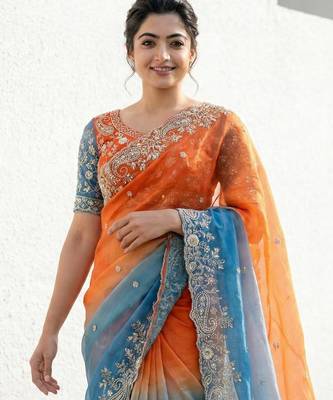 Women's Satin Silk Blend Multi Sequin Embroidered Saree