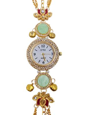 Aarna Gold Plated Pearl Stone Studded Wrist Watch Green