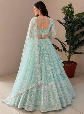 Women's Sky Blue Net Zari Embroidery Lehenga Choli Set