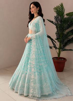 Women's Sky Blue Net Zari Embroidery Lehenga Choli Set