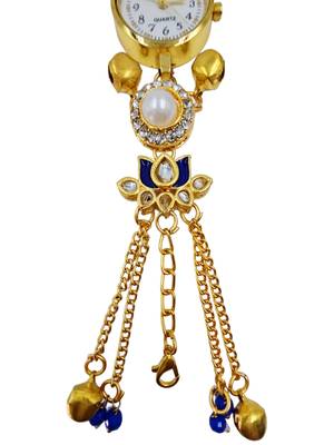 Aarna Gold Plated Pearl Stone Studded Wrist Watch Blue