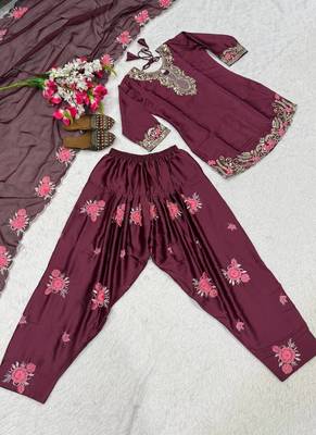 Women's Maroon Embroidered Satin Farshi Salwar Suit Set