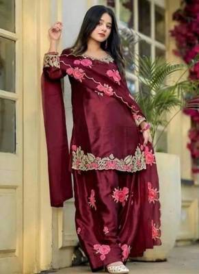 Women's Maroon Embroidered Satin Farshi Salwar Suit Set