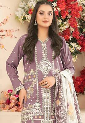 Women's Mauve Cotton Blend Embroidered Palazzo Salwar Suit Set