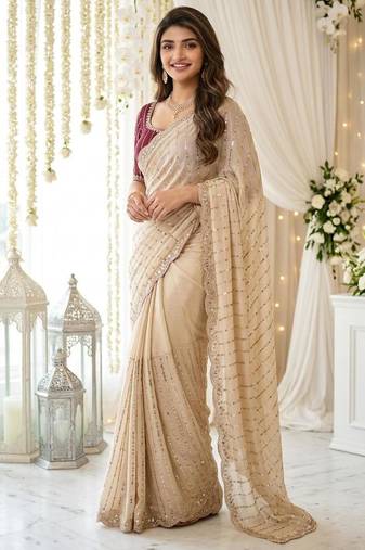 Women's Satin Silk Blend Multi Sequin Embroidered Saree