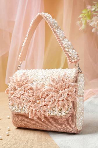 Pearl White and Silver Pearl Embellished Velvet Clutch