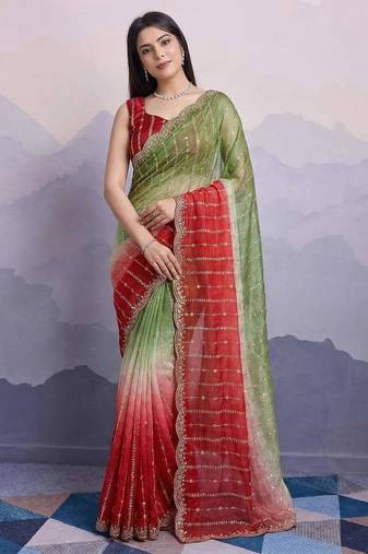 Women's Satin Silk Blend Multi Sequin Embroidered Saree