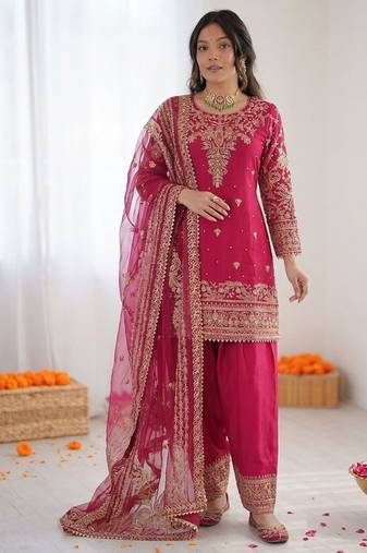 Rust Orange Fendy Silk Plazzo Suit Set With Mirror Work