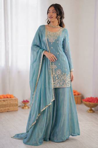 Rust Orange Fendy Silk Plazzo Suit Set With Mirror Work