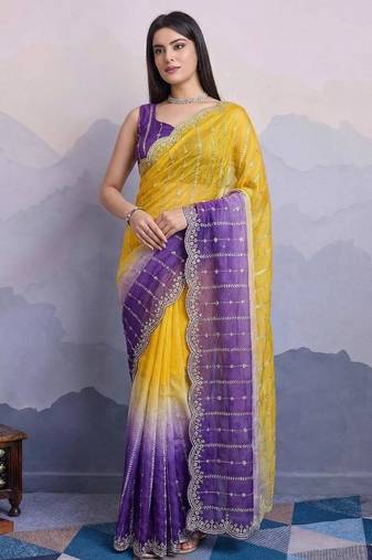 Women's Satin Silk Blend Multi Sequin Embroidered Saree
