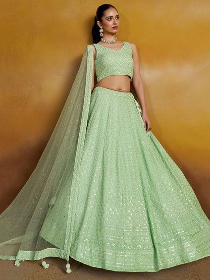 Women's Mint Green Thread Embroidered Georgette Lehenga Choli Set