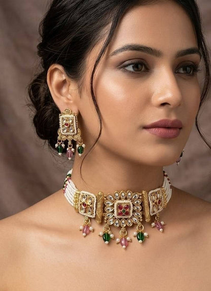 Aarna Gold Plated Kundan Meenakari Choker Necklace Set Multicolor
