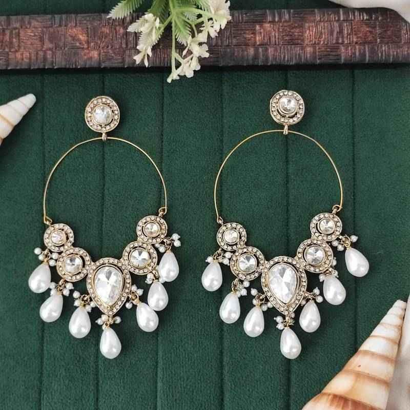 Designer Gold Tone Hoop Earrings With White Pearl Dangling Drops