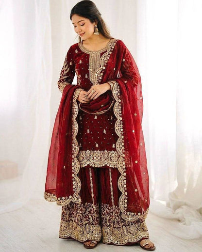 Women's Maroon Heavy Embroidered Sharara Set