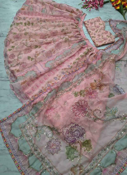 Pink Floral Embroidered Net Lehenga