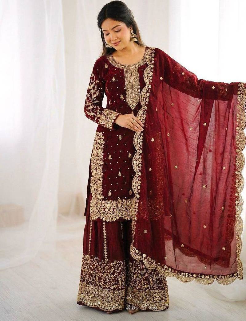 Women's Maroon Heavy Embroidered Sharara Set