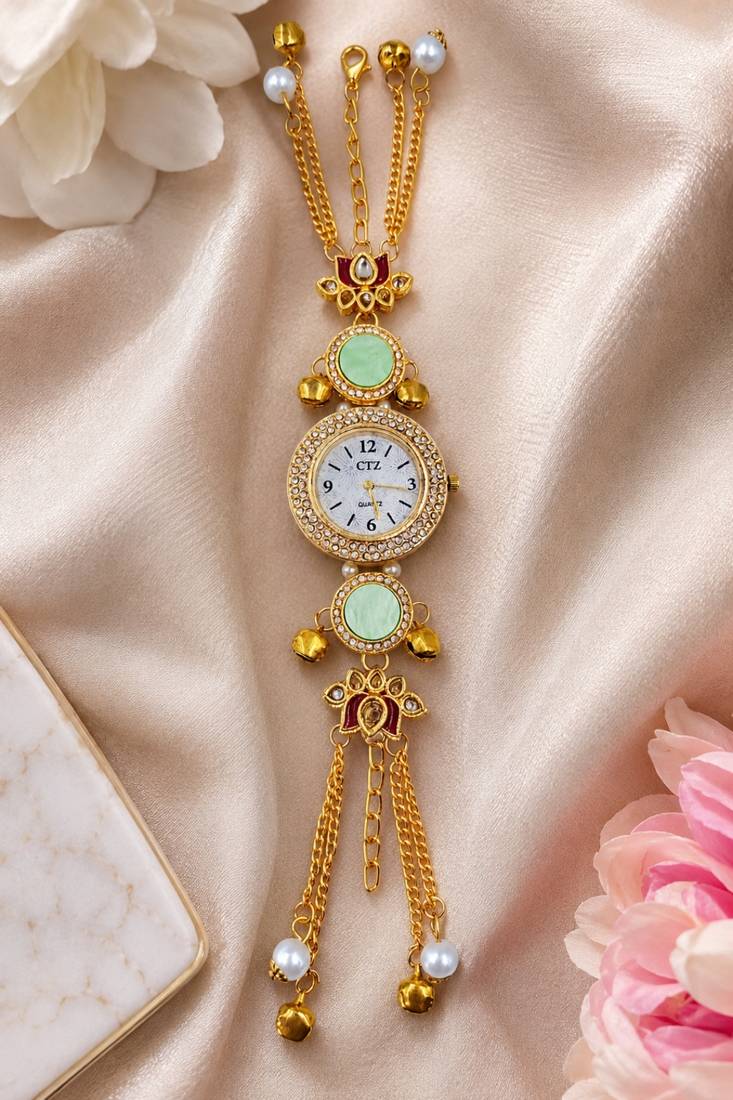 Aarna Gold Plated Pearl Stone Studded Wrist Watch Green