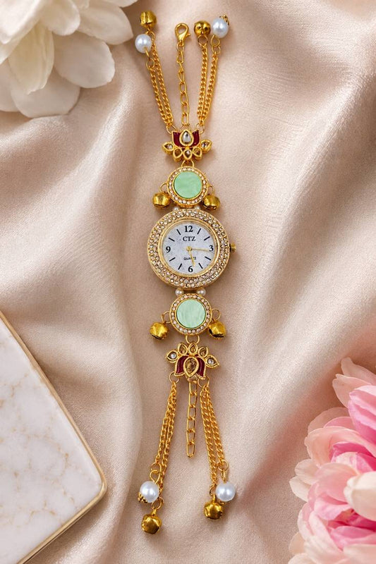 Aarna Gold Plated Pearl Stone Studded Wrist Watch Green