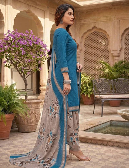 SEWDHAGA Teal Floral Print Cotton Blend Stitched Patiala Salwar Kurta Dupatta