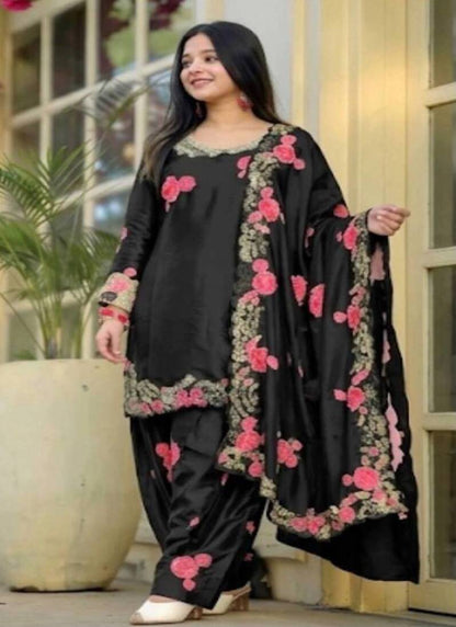 Women's Black Embroidered Japan Satin Farshi Salwar Suit Set