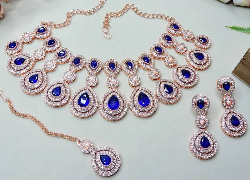Jewel Studio Rose Gold Plated Teardrop Necklace Set Blue