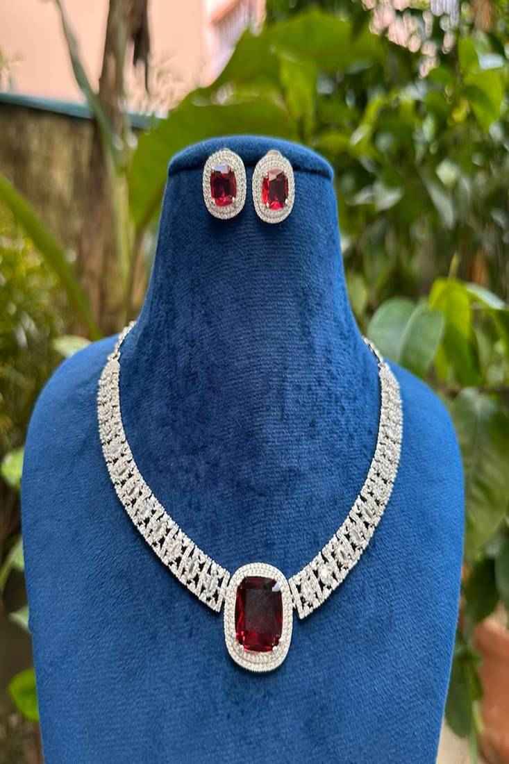 CZ Ruby Necklace & Earrings Set
