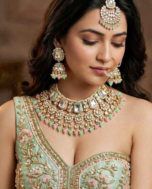 18 Kt Gold Plated Pink Mint Kundan Bridal Necklace Set with Tikka & Nath