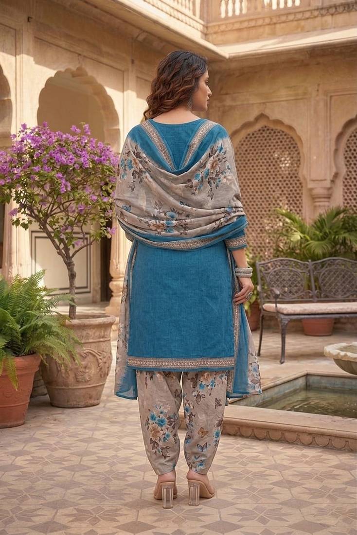 SEWDHAGA Teal Floral Print Cotton Blend Stitched Patiala Salwar Kurta Dupatta