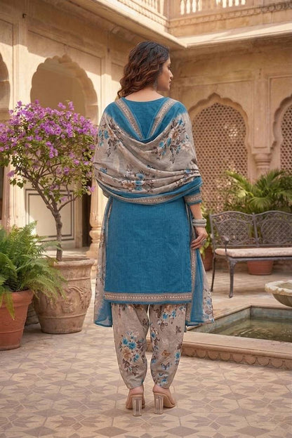 SEWDHAGA Teal Floral Print Cotton Blend Stitched Patiala Salwar Kurta Dupatta