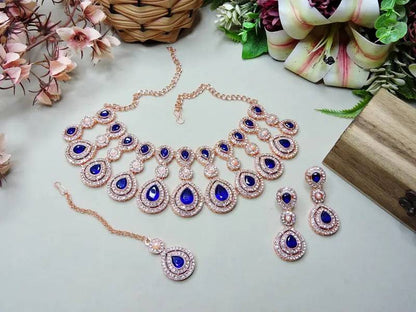 Jewel Studio Rose Gold Plated Teardrop Necklace Set Blue