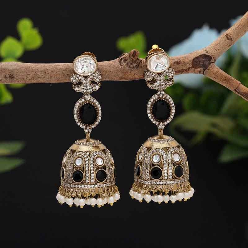 Black Color American Diamond Jhumka Earrings