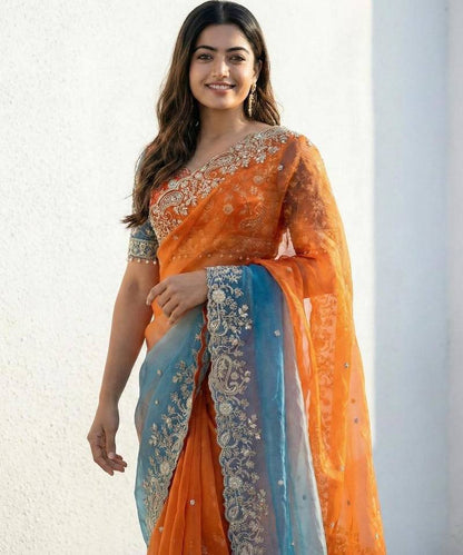 Women's Satin Silk Blend Multi Sequin Embroidered Saree