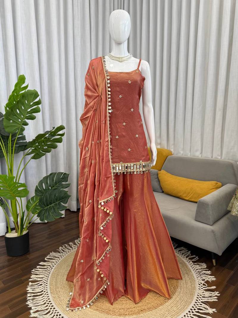 Rust Orange Fendy Silk Plazzo Suit Set With Mirror Work