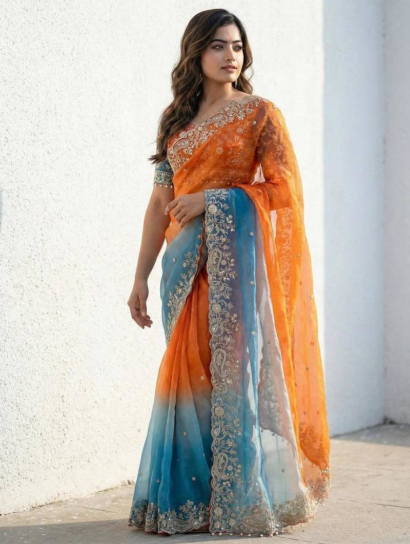 Women's Satin Silk Blend Multi Sequin Embroidered Saree