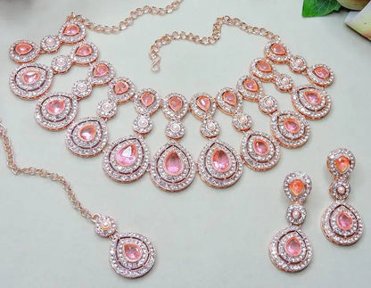 Jewel Studio Rose Gold Plated Necklace Set With Earrings And Maang Tikka