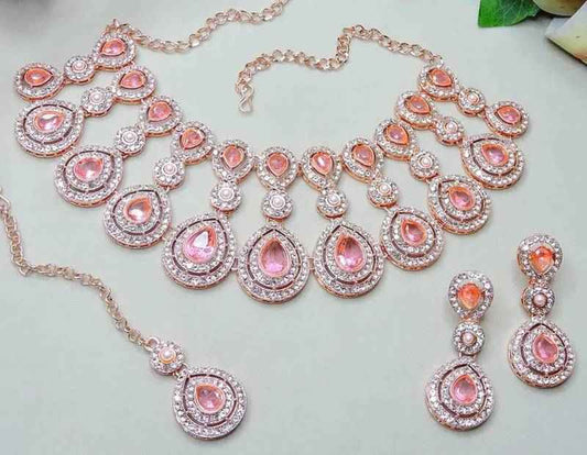 Rose Gold Plated Necklace Set With Earrings And Maang Tikka