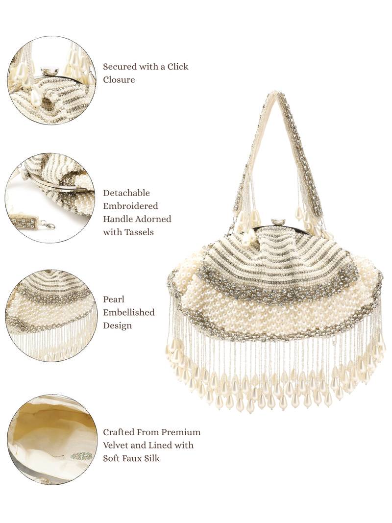 Pearl White and Silver Pearl Embellished Velvet Clutch