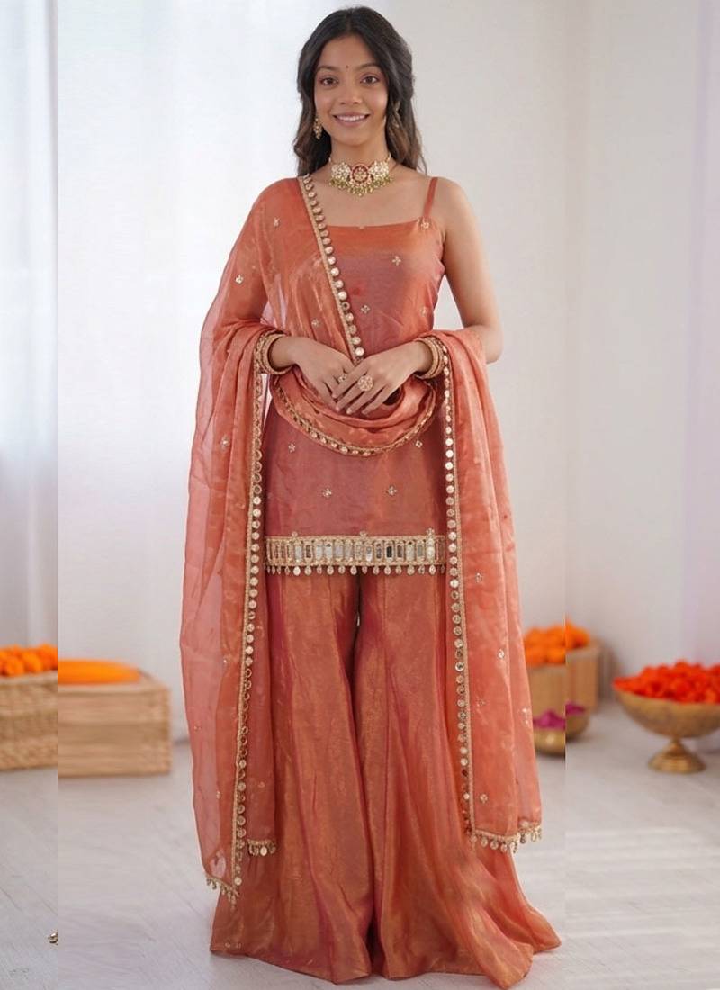 Rust Orange Fendy Silk Plazzo Suit Set With Mirror Work