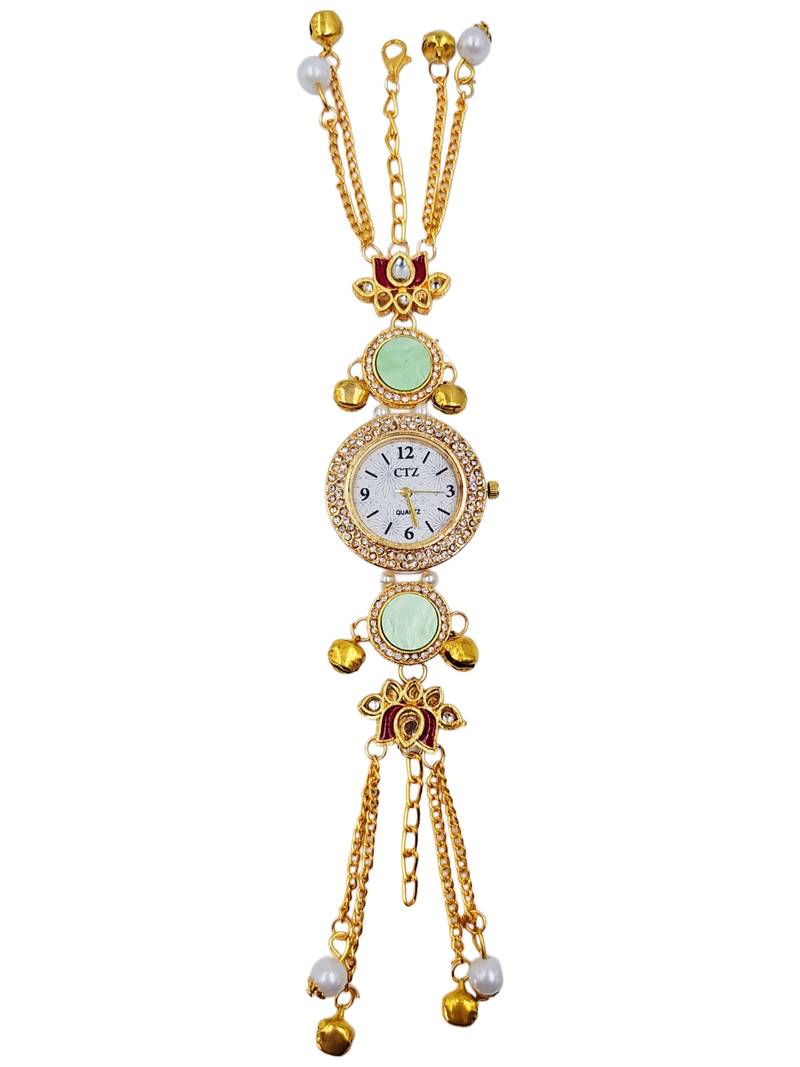 Aarna Gold Plated Pearl Stone Studded Wrist Watch Green