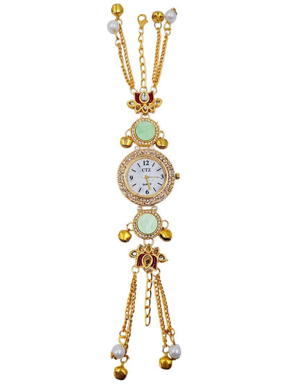 Aarna Gold Plated Pearl Stone Studded Wrist Watch Green