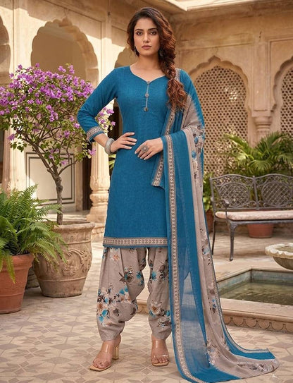 SEWDHAGA Teal Floral Print Cotton Blend Stitched Patiala Salwar Kurta Dupatta