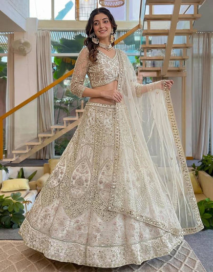 Women's Cream Net Embroidered Lehenga Choli Set