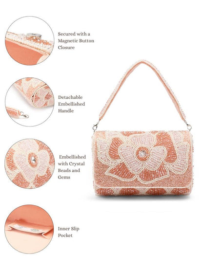 Women's Pink and Pearl White Floral Crystal Beaded Velvet Clutch