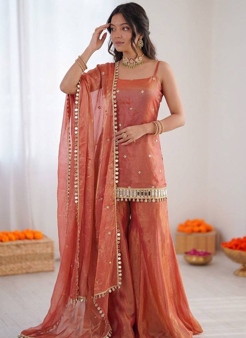Rust Orange Fendy Silk Plazzo Suit Set With Mirror Work