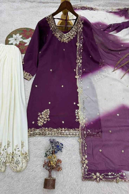 White & Purple Crepe Sharara Set