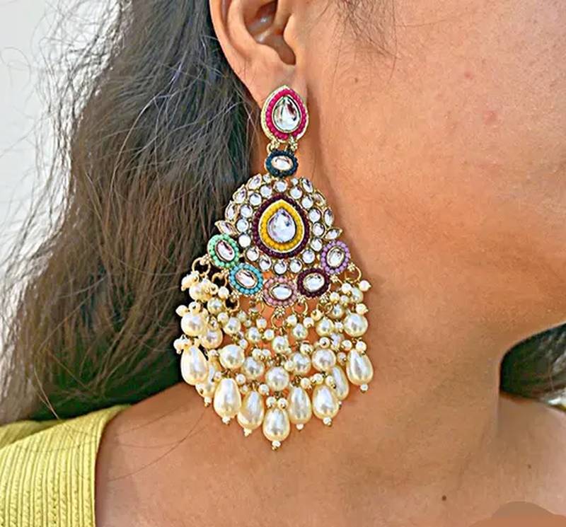 Jewel Studio Gold Plated Kundan Pearl Chandbali Earrings Multicolor