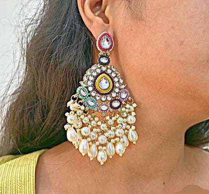 Jewel Studio Gold Plated Kundan Pearl Chandbali Earrings Multicolor