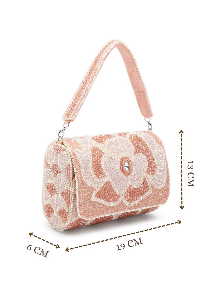 Women's Pink and Pearl White Floral Crystal Beaded Velvet Clutch