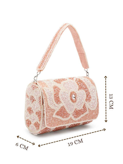 Women's Pink and Pearl White Floral Crystal Beaded Velvet Clutch