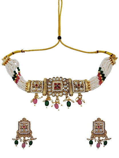 Aarna Gold Plated Kundan Meenakari Choker Necklace Set Multicolor
